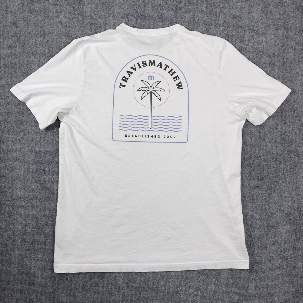 TravisMathew Graphic T-Shirt Mens XL White Palm Tree Beach Established 2007